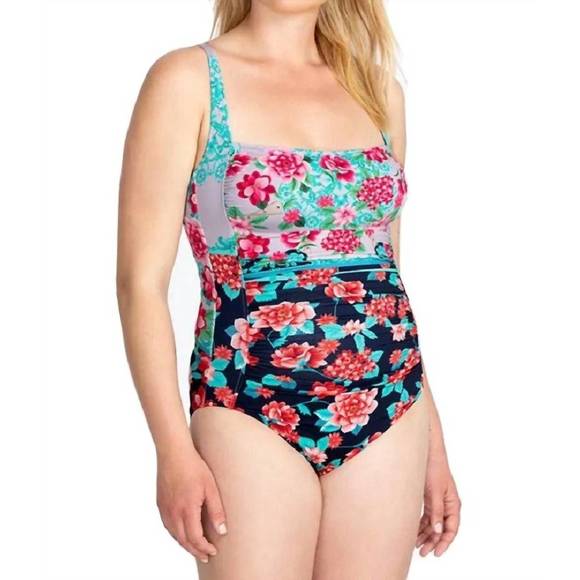 NEW JOHNNY WAS japer ruched one piece swimsuit in multi - Picture 1 of 3